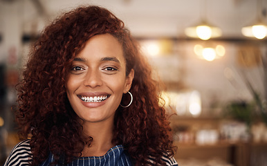 Image showing Happy, coffee shop and portrait of African woman in cafe for service, working and bistro startup. Small business owner, restaurant manager and face of female waiter smile in cafeteria ready to serve