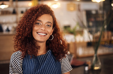 Image showing Coffee shop, barista and portrait of happy woman in cafe for service, working and smile for bistro startup. Small business owner, restaurant and face of female waitress in cafeteria ready to serve