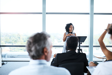 Image showing Seminar, presentation and woman presenter in the office boardroom for a business conference. Corporate speech, speaker and female manager talking at a tradeshow, meeting or workshop in the workplace.