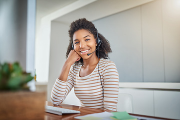 Image showing Call center, virtual assistant or portrait of friendly black woman in communication, speaking or talking. Customer services, smile or happy sales agent girl with microphone at technical support