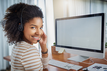 Image showing Remote work, computer mockup or black woman in a call center, customer services or online technical support. Mock up space, screen or portrait of friendly girl agent talking or consulting at home