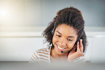 Image showing Face, headset or happy black woman in call center with smile talking or networking in telemarketing. Smiling, microphone or friendly sales agent in communication at customer services or tech support