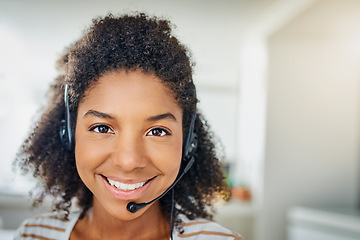 Image showing Face, portrait or happy black woman in call center with smile talking or networking in telemarketing. Smiling, microphone or friendly sales agent in communication at customer services or tech support