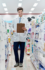 Image showing Pharmacist, medicine and portrait of a man with a clipboard in pharmacy store for retail career. Happy male person in pharmaceutical or medical industry for service, healthcare and inventory on shelf