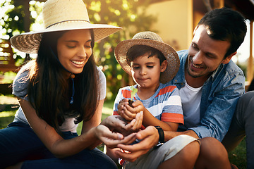 Image showing Happy family, plants or parents with child in garden for sustainability, agriculture or farming development. Mother father or boy hands holding sand or planting for teaching a child farming skills