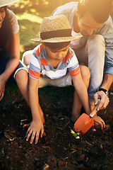Image showing Family, soil or learning to plant in garden for sustainability, agriculture care or farming development. Kid, natural growth or hands of parents with spade for sand or planting for teaching a child