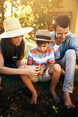 Image showing Father, mother or boy learning to plant in garden for sustainability, agriculture or farming as a family. Dad, mom or parents gardening, planting or teaching a young child agro growth in environment