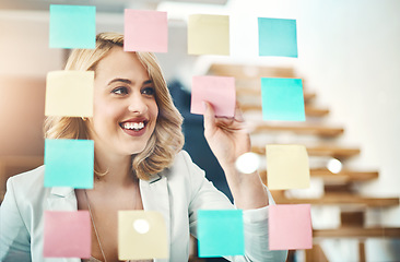 Image showing Woman, smile and brainstorming with sticky note for timeline, goals and process of solution at glass window. Face of happy worker planning schedule, ideas and mindmap of vision, objectives and target