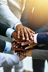 Image showing Hands stacked, business and group of people for support, target or teamwork, collaboration goals and diversity. Circle, solidarity and corporate person or employees together sign, success and mission