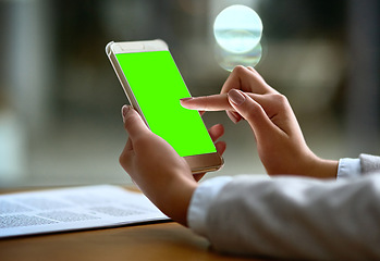 Image showing Green screen, phone and woman hands for business communication, mobile app and mockup search at night. Online space, typing and professional person, social media, networking or internet chat mock up