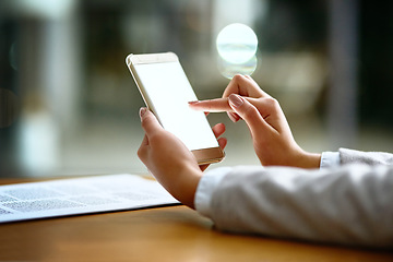 Image showing Closeup, hands and woman a cellphone, typing and social media with communication, network and search internet. Female person, girl and consultant with a smartphone, connection and contact with app