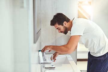 Image showing Dental, morning and brushing teeth with man in bathroom for cleaning, shower and oral hygiene. Smile, cosmetics and health with male person and toothbrush at home for self care, breath and mouth