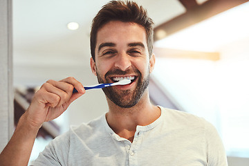 Image showing Dental, portrait and brushing teeth with man in bathroom for cleaning, morning routine and oral hygiene. Smile, cosmetics and health with person and toothbrush at home for self care, breath and mouth