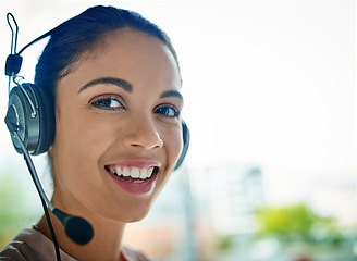 Image showing Happy woman, call center and face portrait with headphones in customer service or telemarketing at office. Closeup of friendly female person or consultant agent smiling with headset mic in contact us