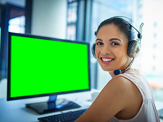 Image showing Happy woman, call center and green screen on computer for telemarketing or customer service at office. Portrait of female person, consultant or agent smiling on PC with chromakey or mockup display