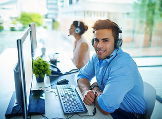 Image showing Happy businessman, portrait and call center for customer service, support or telemarketing at office. Friendly man person, consultant or agent with smile on computer for online advice in contact us