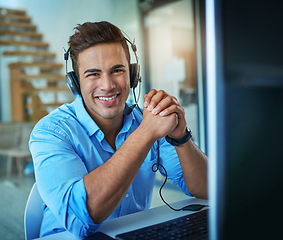 Image showing Happy businessman, call center and portrait of consultant in customer service, support or telemarketing at office. Friendly man or consulting agent with smile and headphones by computer at workplace