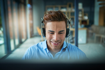 Image showing Happy businessman, call center and consulting with headphones for customer service, support or telemarketing at office. Friendly man person or consultant agent smiling for online advice in contact us