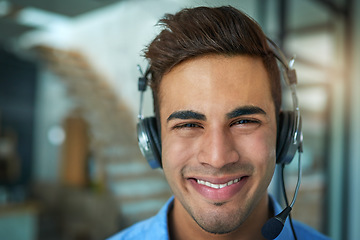 Image showing Happy businessman, call center and portrait smile for customer service, support or telemarketing at the office. Friendly man person, face or consultant agent smiling for online advice in contact us