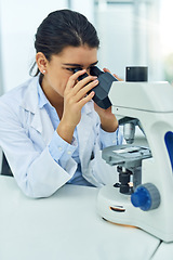 Image showing Research, woman and scientist with microscope in laboratory for medical study. Healthcare, science and female doctor with scope equipment for experiment analysis, particle test and investigation.