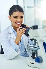 Image showing Portrait, woman and scientist smile with microscope in laboratory for medical research. Face, science and female doctor with dna equipment for experiment analysis, particle test and investigation.