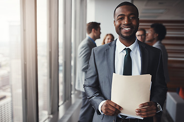 Image showing Black man in business, smile in portrait and paperwork, corporate lawyer in meeting. Businessman in conference room, professional male attorney and collaboration with leadership and management