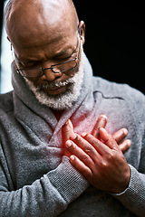 Image showing Chest pain, heart attack and elderly black man with medical emergency in home. Sick, cardiology and African male person with cardiac arrest, heartburn or stroke, problem and retirement health risk.