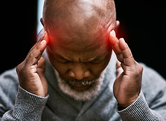 Image showing Senior black man, hands and headache with red overlay, pain and stress with burnout, closeup and anxiety. Mature male person is sick with migraine, depression and health problem with crisis and hurt