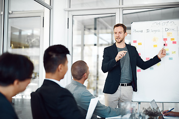 Image showing Idea, coworkers with chart and planning in a business meeting of their modern workplace office together. Brainstorming or collaboration, teamwork or data review and colleagues in a workshop.