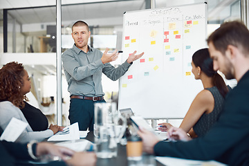 Image showing Data review, colleagues with chart and planning in a business meeting of their modern workplace office together. Teamwork or collaboration, brainstorming or ideas and coworkers in a workshop