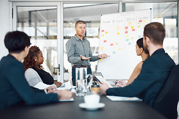 Image showing Presentation, colleagues with chart and planning in a business meeting of their modern workplace office together. Teamwork or collaboration, ideas or data review and coworkers in a conference room