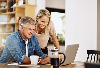 Image showing Happy couple, laptop and life insurance research at home with happiness and computer. Email, online banking and reading of a woman and man together in a house planning finance budget for retirement