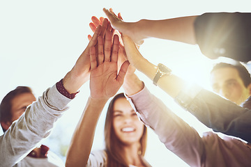 Image showing Business people, hands and high five in meeting for winning, success or unity in collaboration outdoors. Group touching hand for team building agreement, victory or solidarity together in nature