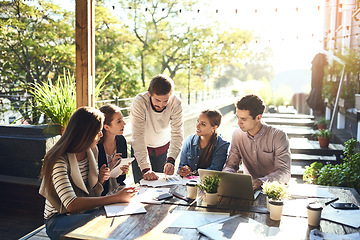 Image showing Business people, team and cafe with planning, documents or brainstorming for goal with smile. Men, women and discussion with paperwork, problem solving or strategy for startup teamwork in coffee shop