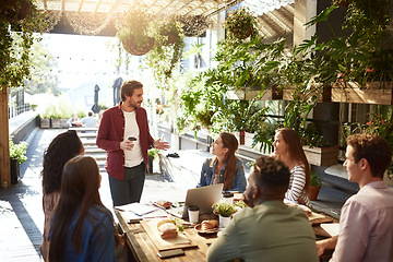 Image showing Presentation, restaurant and business people in meeting for discussion, planning and communication. Coffee shop, teamwork and men and women talking for team building, collaboration and project ideas