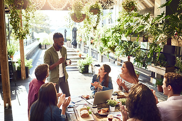 Image showing Applause, restaurant and business people cheer on lunch meeting for discussion, planning and profit. Cafe, teamwork success and happy men and women clapping for winning, collaboration and achievement