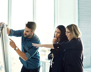 Image showing Brainstorming board, gesture and business people planning discussion, research meeting or working on innovation. Teamwork talk, group cooperation and team conversation on strategy, ideas or moodboard