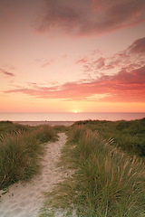 Image showing Sunset sky, beach and landscape, nature and travel with environment and coastal location in Denmark. Fresh air, grass and path with seaside destination and ocean view, outdoor and natural scenery