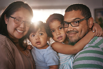 Image showing Love, selfie and family hug in happy home for bonding, relax and enjoying quality time for care together in Mexico. Portrait, children and face of mother, father and embrace in living room with smile