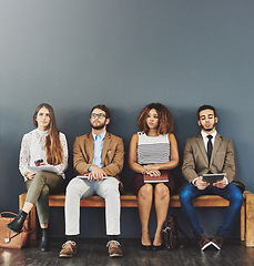 Image showing Business people, interview waiting room and recruitment for job while sitting in line. Bored, technology and professional staff with employee diversity and office team for HR hiring on mockup space