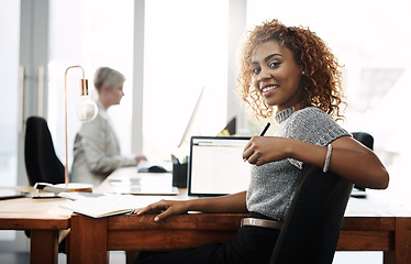 Image showing Portrait, research and laptop screen with business woman in office for planning, creative and communication. Internet, proposal and email with female employee for professional, connection and startup