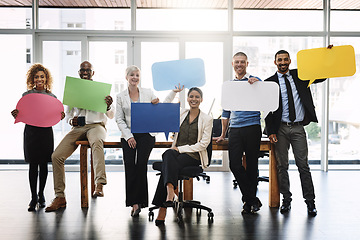 Image showing Business people, speech bubble and group portrait for diversity, teamwork or collaboration for opinion, Men, women and poster for social media, vote or review with ideas, smile and mock up in office