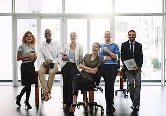 Image showing Laugh, support and portrait of business people in office for diversity, community and happy. Smile, collaboration and solidarity with group of employees for mission, commitment and mindset