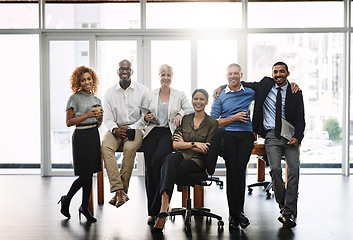 Image showing Happy, support and portrait of business people in office for diversity, community and teamwork. Smile, collaboration and solidarity with group of employees for mission, commitment and mindset