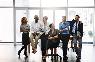 Image showing Teamwork, support and happy with business people in office for diversity, community and motivation. Smile, collaboration and solidarity with group of employees for mission, commitment and mindset
