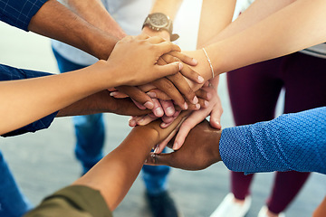 Image showing Team, hands together and trust of staff with collaboration, support and community. Diversity, worker friends and group with achievement, solidarity and agreement hand sign for teamwork success