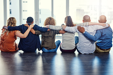 Image showing Teamwork, solidarity and hug with back of people for motivation, community and diversity. Support, faith and collaboration with group of friends for trust, gratitude and kindness together