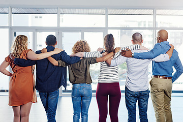 Image showing Support, teamwork and hug with back of people for motivation, community and diversity. Solidarity, faith and collaboration with group of friends for trust, gratitude and kindness together