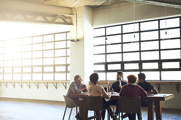 Image showing Meeting, strategy and planning with business people in office for project management, idea and brainstorming. Discussion, teamwork and partnership with group of employees for review and startup