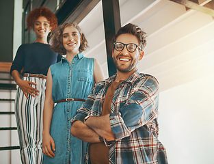 Image showing Portrait, designers or happy people on stairs for team building, motivation or collaboration success. Startup company, teamwork or proud employees smiling with confidence or positive mindset on steps